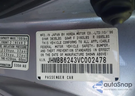 1997 Honda Prelude из США, поврежденный, VIN JHMBB6243VC002478